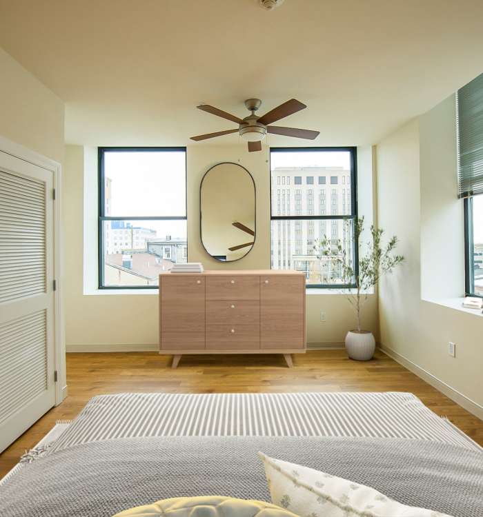 Hardwood floors in a bedroom at Reside MKT in Wilmington, Delaware