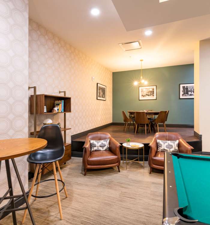 Billiards room at Reside MKT in Wilmington, Delaware