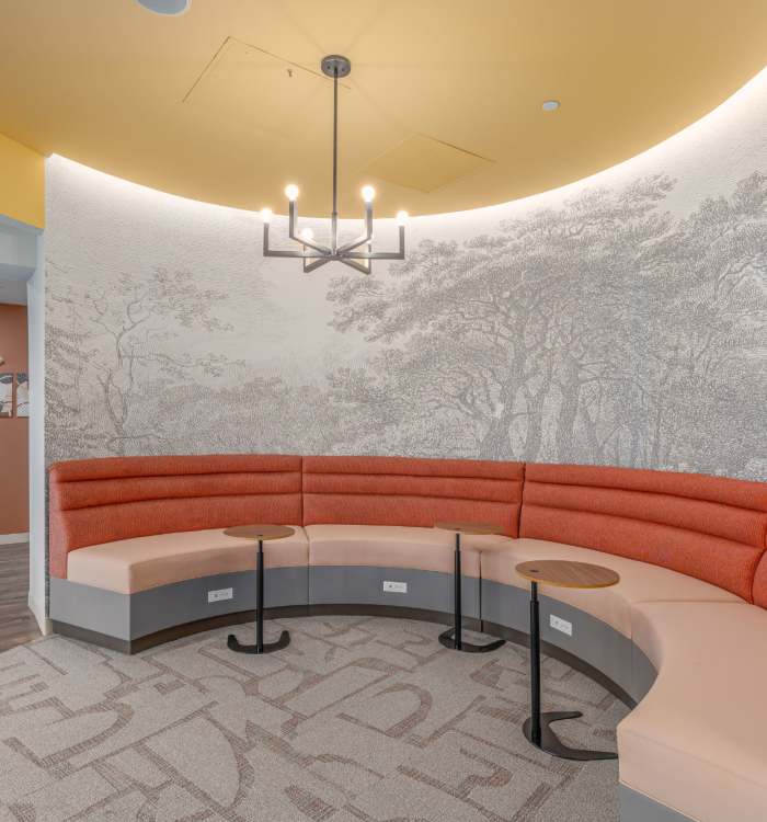 Work spaces in the coworking area at Lincoln Square in Wilmington, Delaware