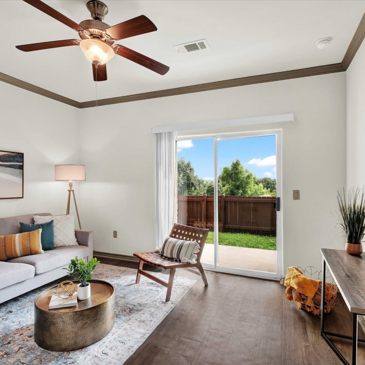 Model living room at Villas in Westover Hills in San Antonio, Texas