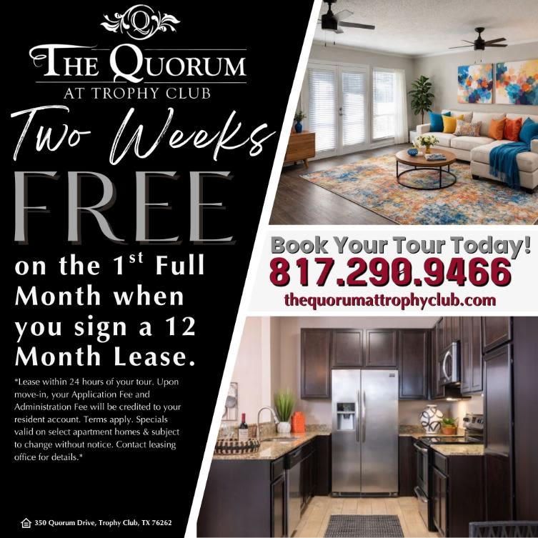 Apartment promo with modern living room and kitchen at The Quorum At Trophy Club in Trophy Club, Texas