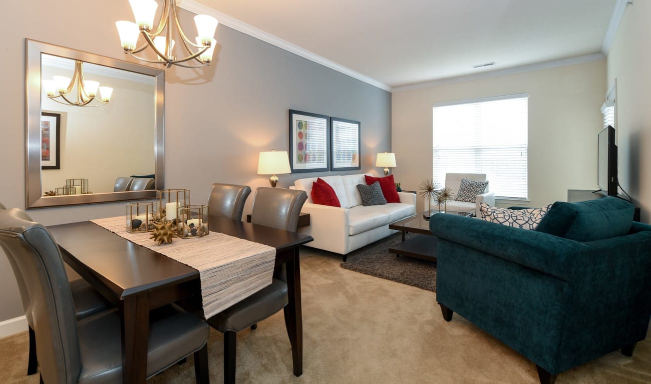 Living room with bright lighting at Reserve at Wauwatosa Village in Wauwatosa, Wisconsin