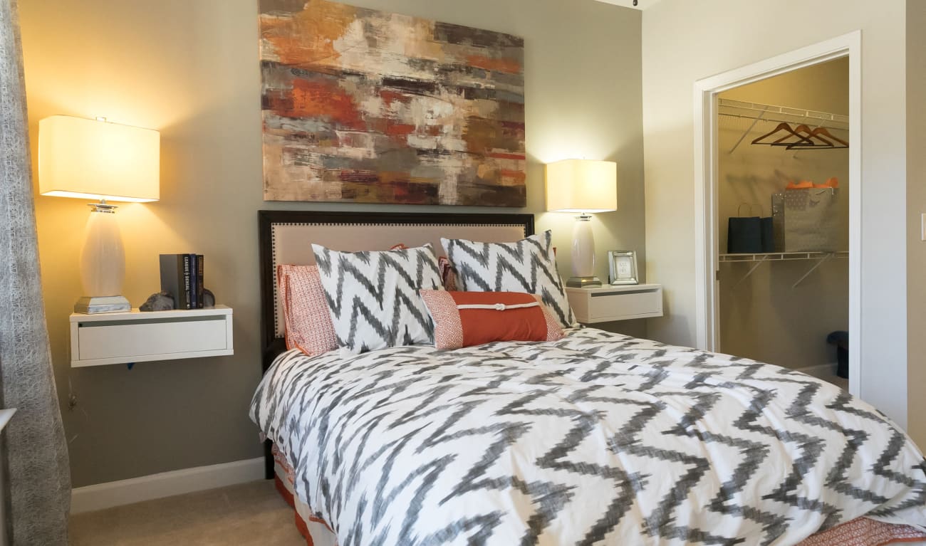 Bedroom with modern details at Regency Johns Creek Walk in Johns Creek, Georgia