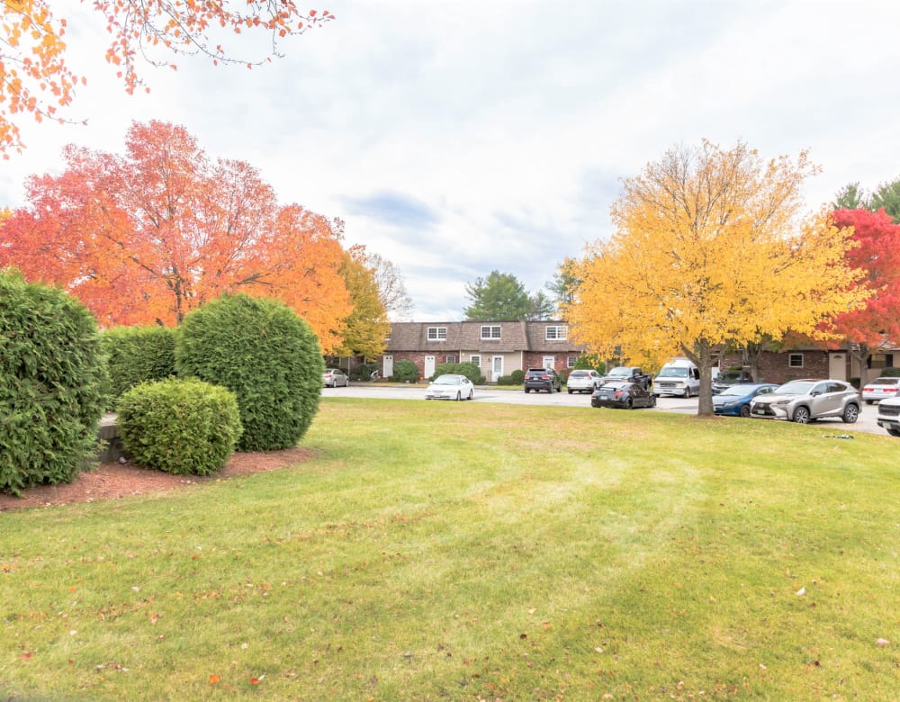 Green grass and trees' foliage changing colors for autumn at Pelham Townhomes in Pelham, New Hampshire