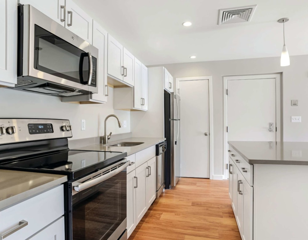 Renewed modern kitchen at Bay Ridge at Nashua Apartments in Nashua, New Hampshire