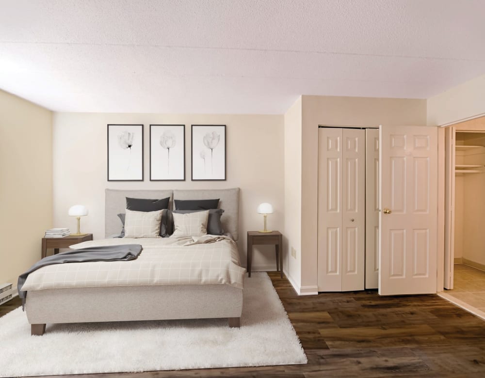 Bedroom with modern details at Eagle Rock Apartments at MetroWest in Framingham, Massachusetts