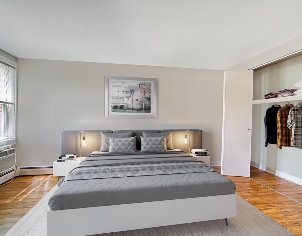 Bedroom with hardwood floors at Eagle Rock Apartments & Townhomes at Brighton in Brighton, Massachusetts