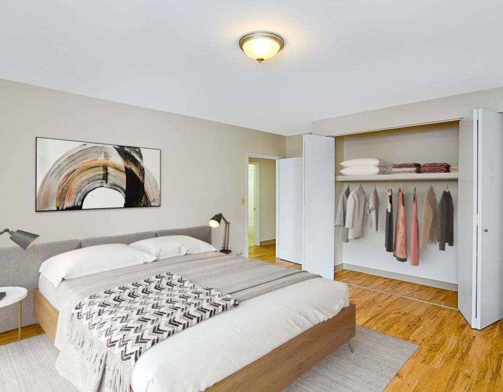 Bedroom with plenty of modern details at Eagle Rock Apartments & Townhomes at Brighton in Brighton, Massachusetts