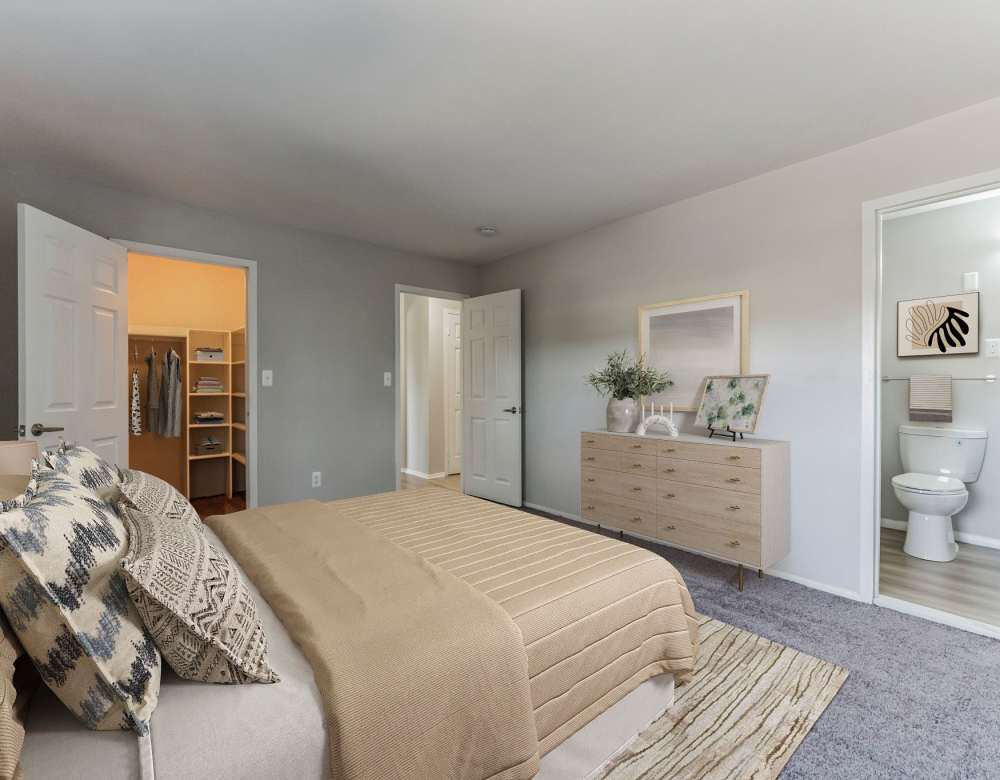 Brown Duvet Bathroom at Eagle Rock Apartments at Framingham memory care in Framingham, Massachusetts