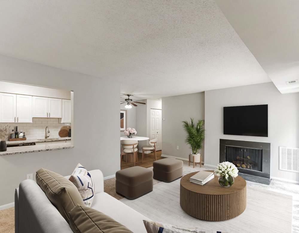 Living room with modern furniture at Ramblewood Village Apartments in Mount Laurel, New Jersey