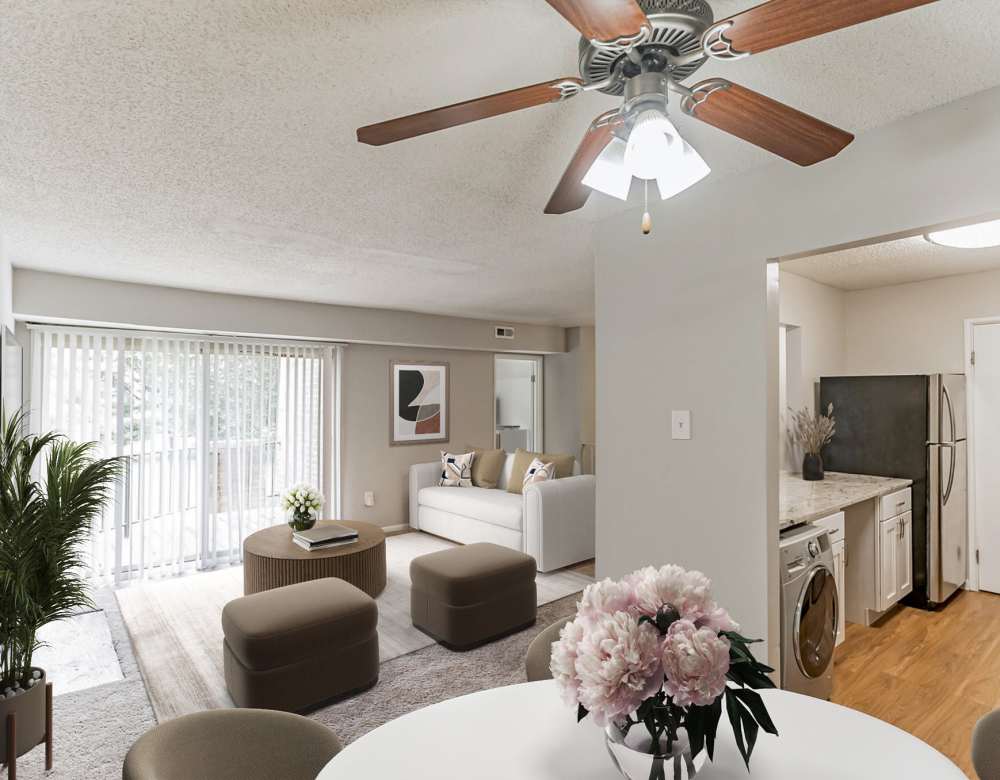 Carpeted living room at Ramblewood Village Apartments in Mount Laurel, New Jersey