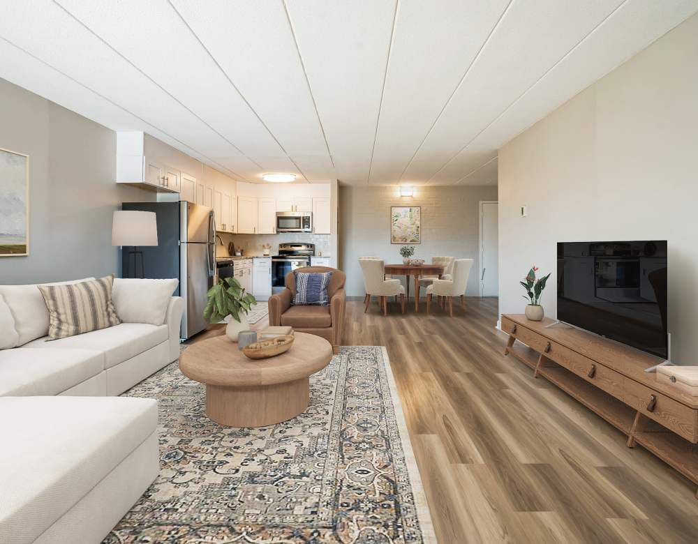 Bright and relaxing living room at Eagle Rock Apartments at MetroWest in Framingham, Massachusetts