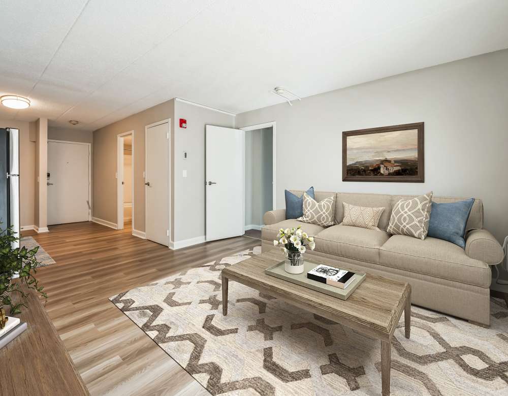 Spacious living room at Eagle Rock Apartments at MetroWest in Framingham, Massachusetts