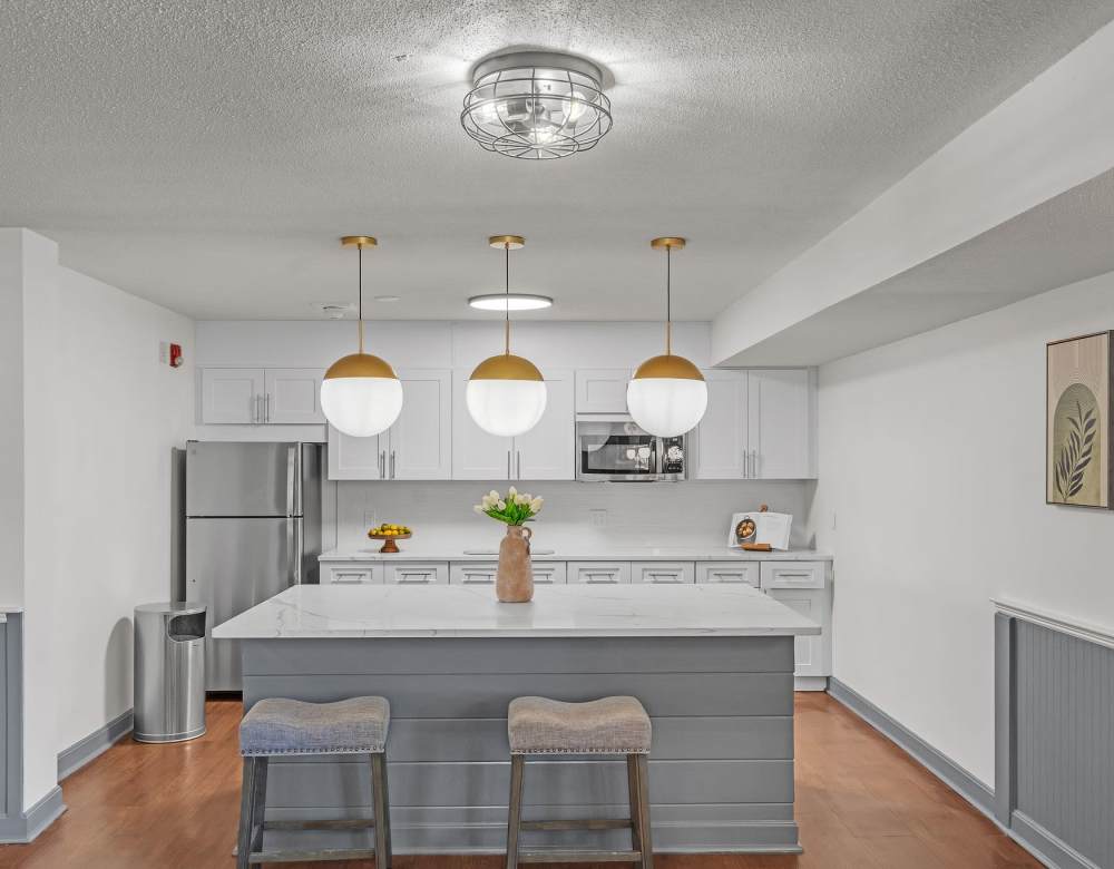Community kitchen in the clubhouse at Eagle Rock Apartments at MetroWest in Framingham, Massachusetts