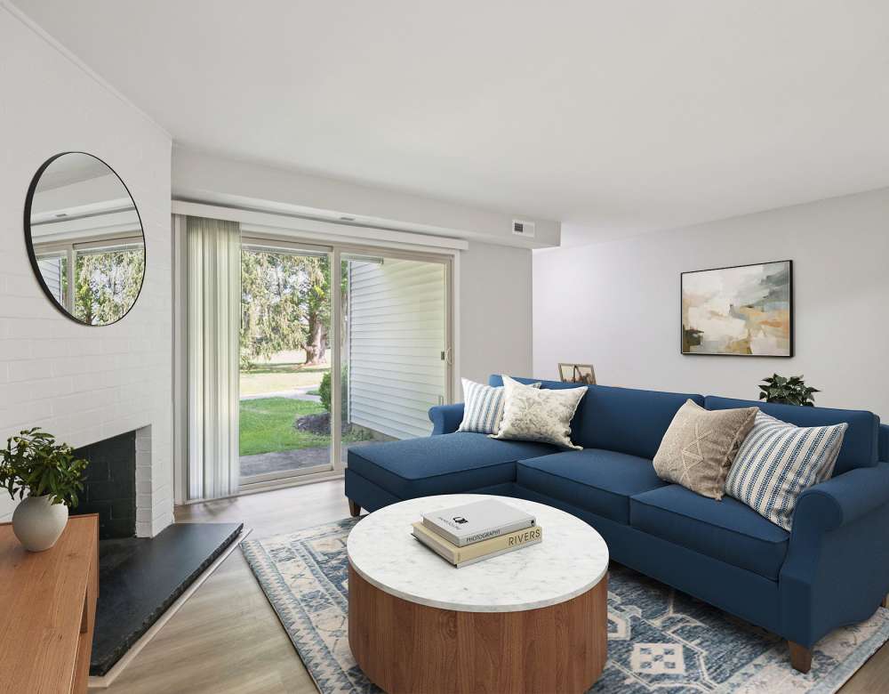 Living room with modern furniture at Ramblewood Village Apartments in Mount Laurel, New Jersey