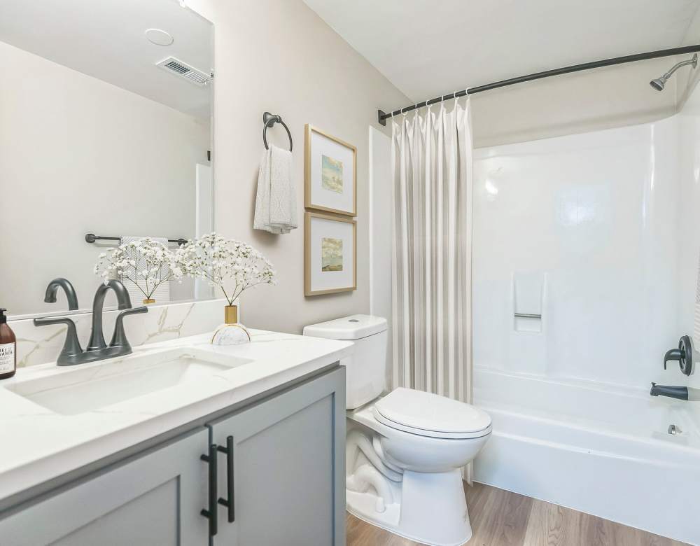 Renovated bathroom at Ramblewood Village Apartments in Mount Laurel, New Jersey