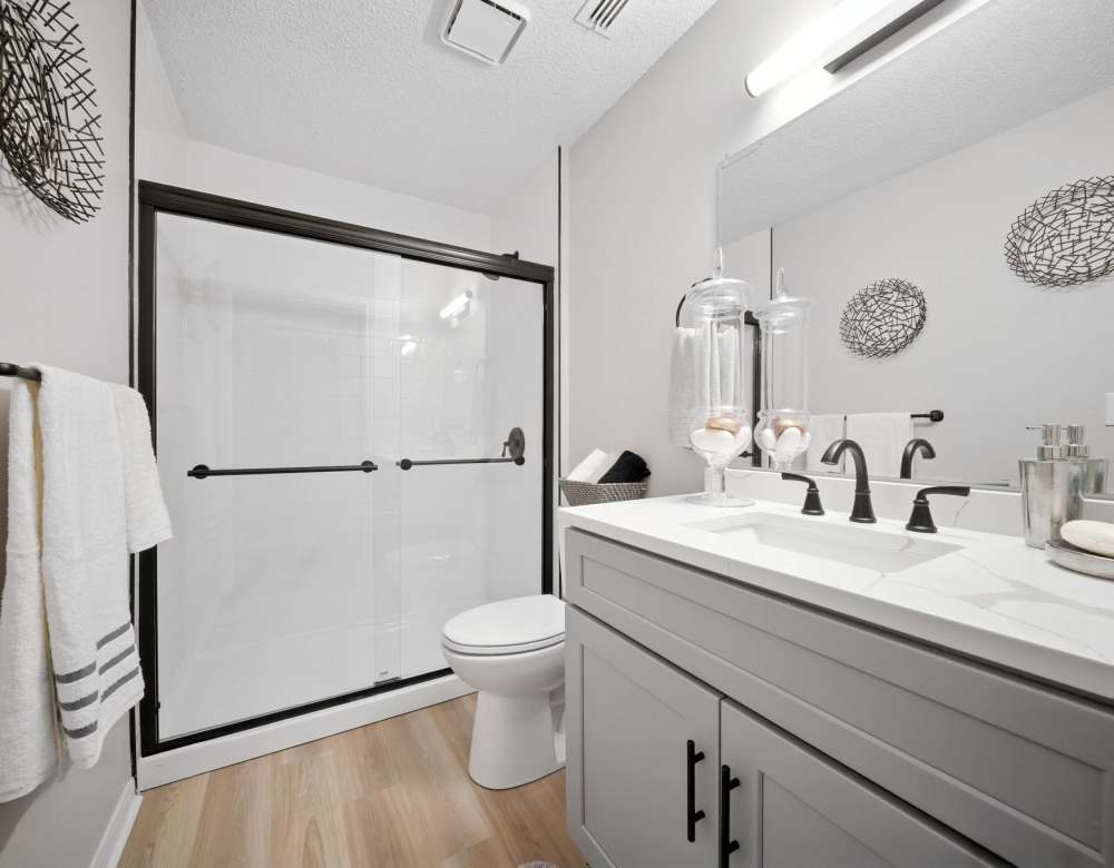 Walk-in shower in a renovated bathroom at Vista Point Apartments in Wappingers Falls, New York