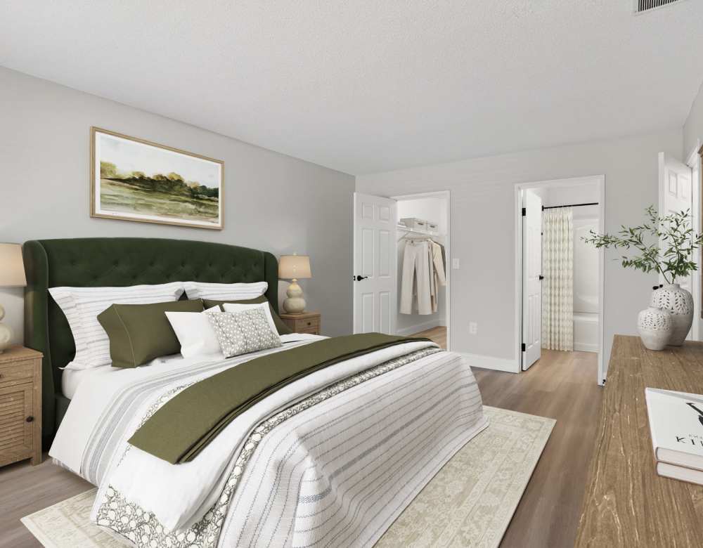 Modern bedroom at Bay Ridge at Nashua Apartments in Nashua, New Hampshire