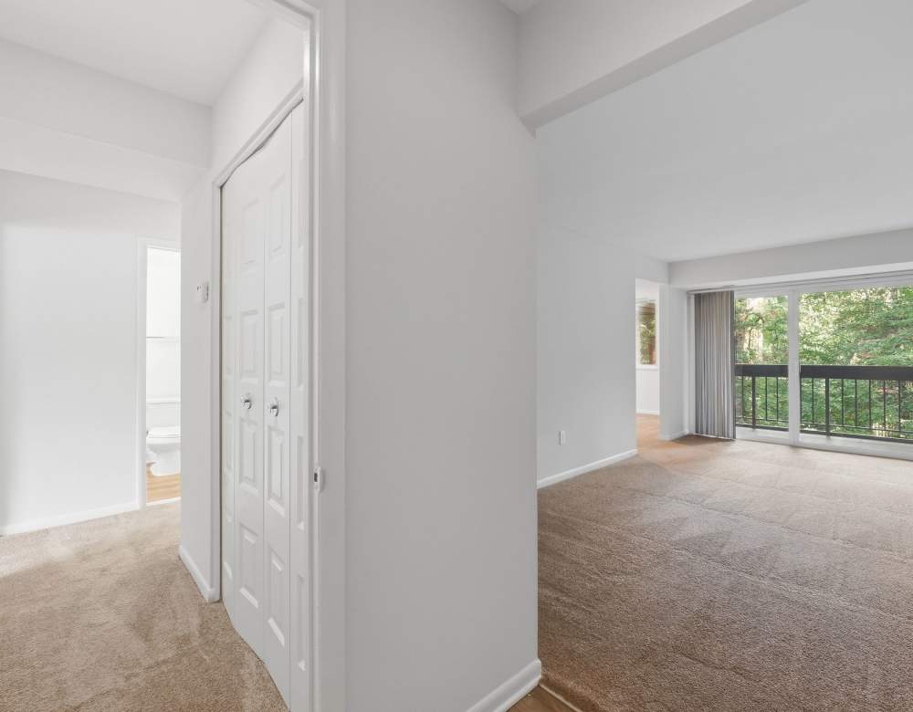 Carpeted living area with balcony view at Fairway Apartments in Reston, Virginia