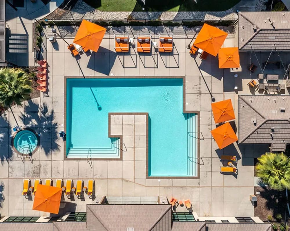 Aerial view of the pool and deck at Harvest at Fiddyment Ranch in Roseville, California