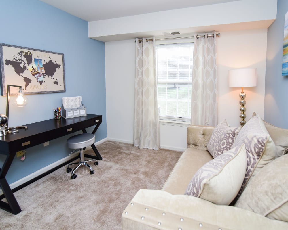 Bedroom converted into a home office at Abrams Run Apartment Homes in King of Prussia, Pennsylvania