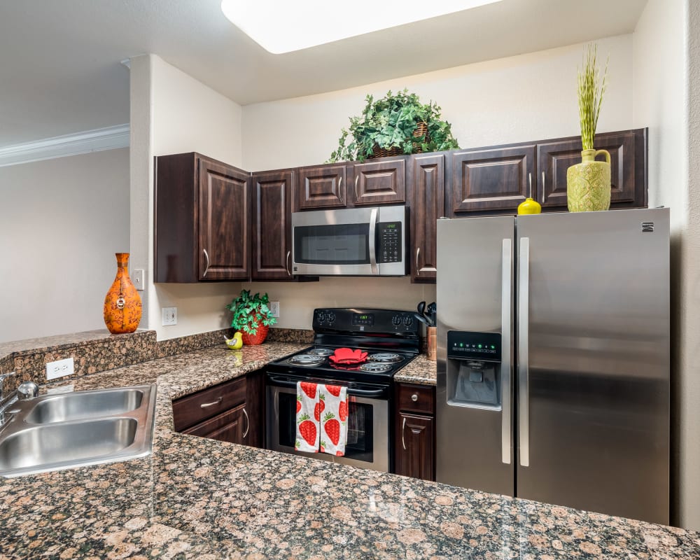Kitchen with stainless steel appliances at Villas at Parkside in Farmers Branch, Texas