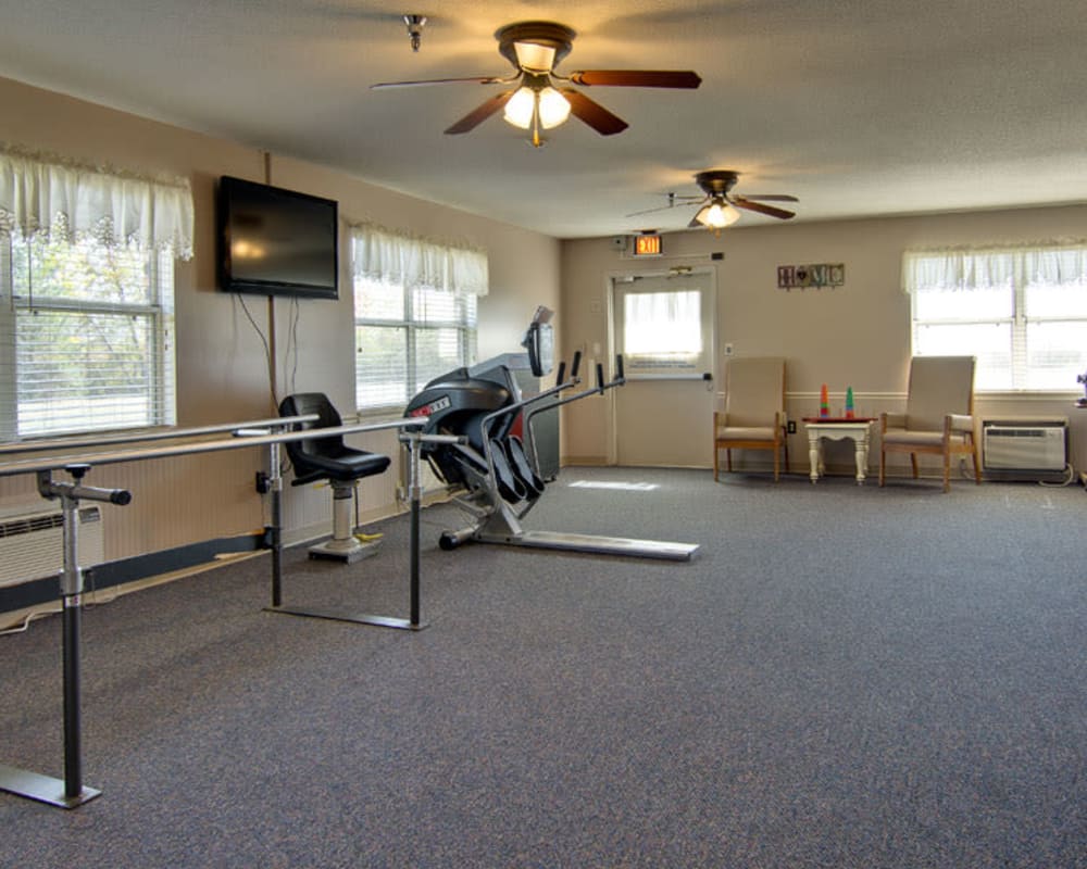 Rehabilitation room with exercise equipment at Pioneer in Marceline, Missouri