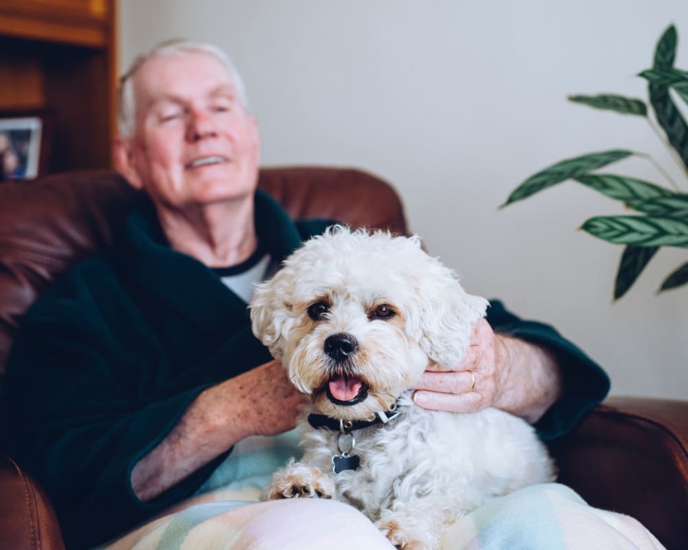Senior man and his small dog at Welbrook Grand Montecito in Las Vegas, Nevada