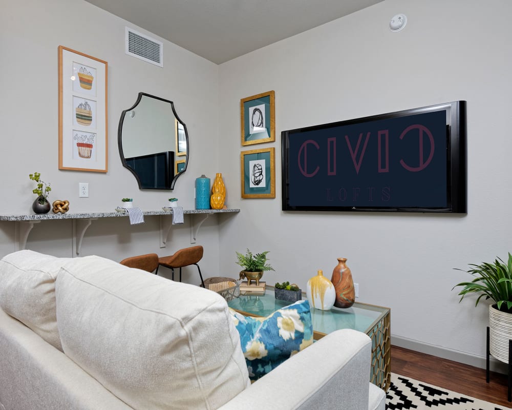 Minimalistic living room at Civic Lofts in Denver, Colorado