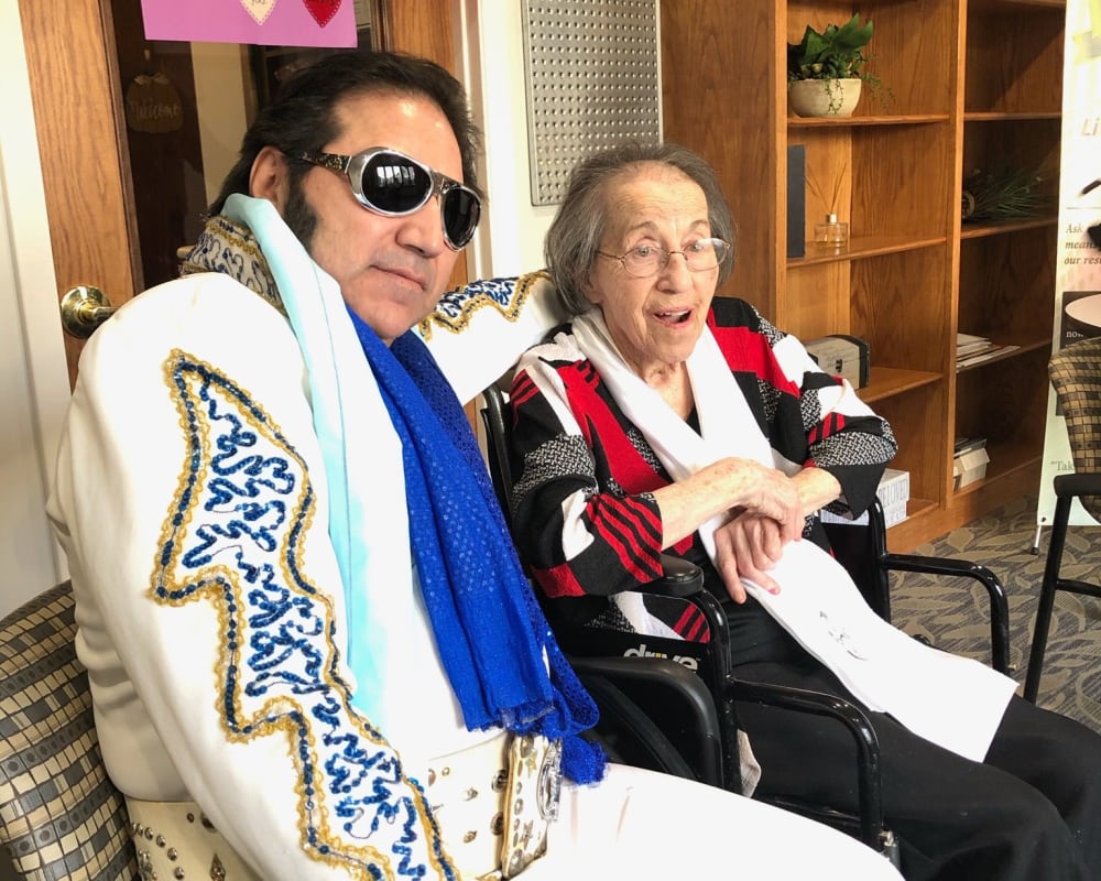 Resident Clara meets 'Elvis' for her dare to dream event at The Atrium in Rockford, Illinois.
