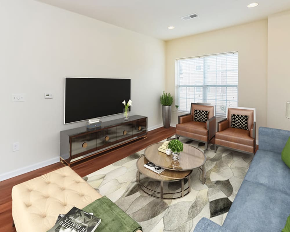 Furnished living room in a home at Cranford Crossing Apartment Homes in Cranford, New Jersey