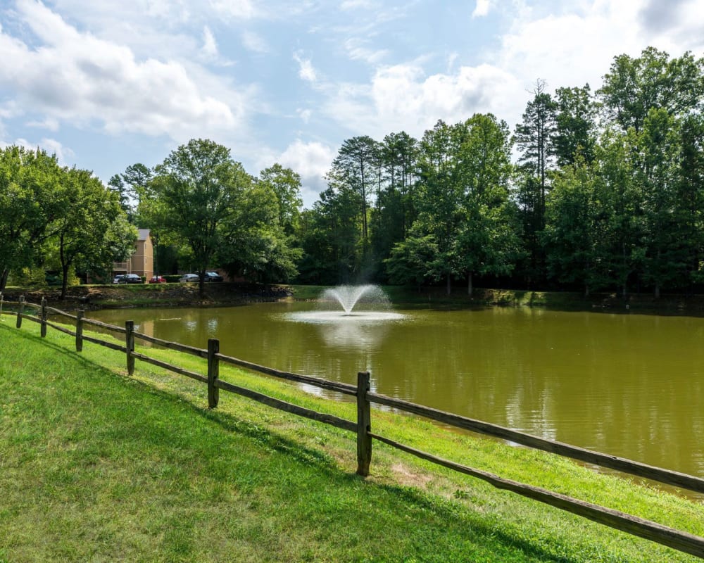 Large pond surround by grass for summer picnics at Waters Edge Apartment Homes in Concord, North Carolina
