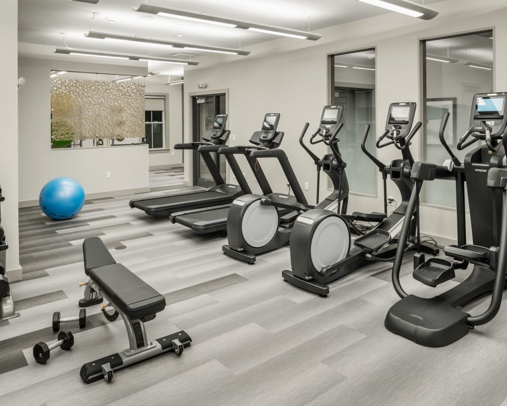 Fully equipped fitness center at The Beacon at Gateway in Scarborough, Maine