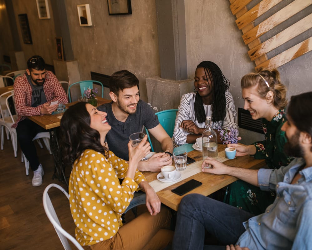 Friends chatting over lunch in Carol Stream, Illinois near St. Charles Square Apartments