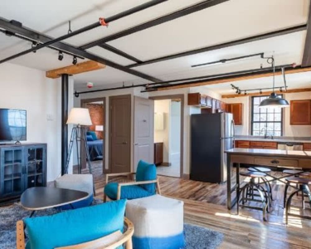 Living room at Lofts at Cargill Falls Mill in Putnam, Connecticut