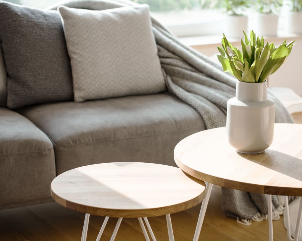 Cozy couch at St. Charles Square Apartments in Carol Stream, Illinois