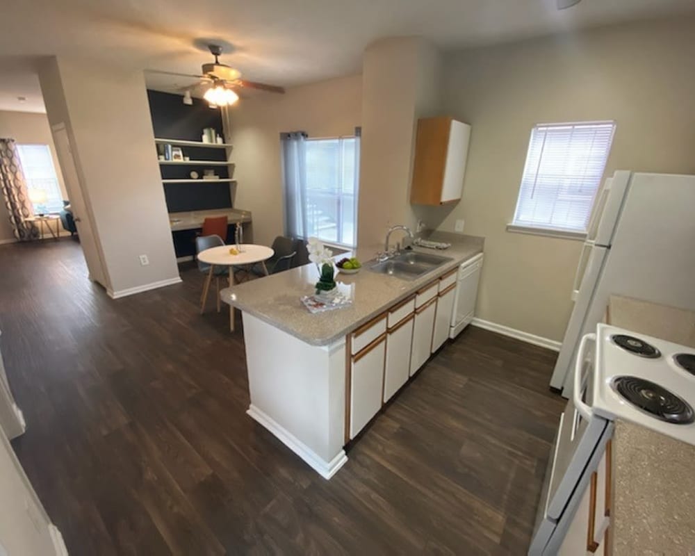 Model kitchen at Legacy of Cedar Hill Apartments & Townhomes in Cedar Hill, Texas.