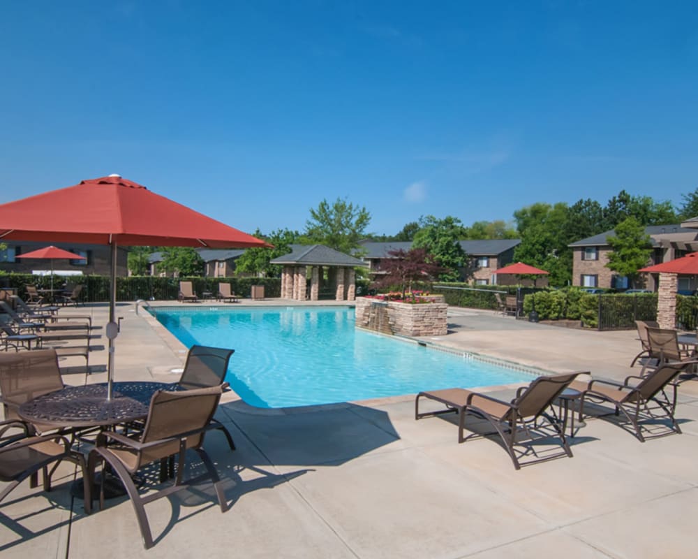 Pool and lounge chairs at Brittwood Apartments in Columbus, Georgia