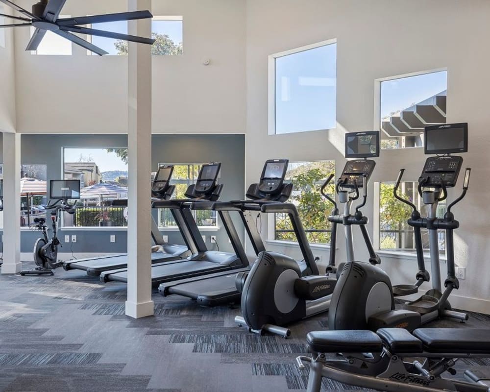 Well-equipped onsite fitness center at View at Marin in San Rafael, California