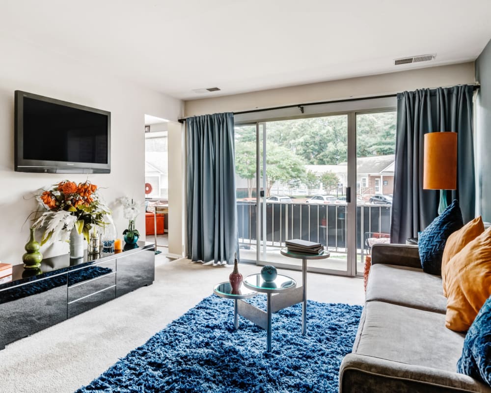 Spacious model living room with sliding door access to a private balcony at Avery Park Apartment Homes in Silver Spring, Maryland