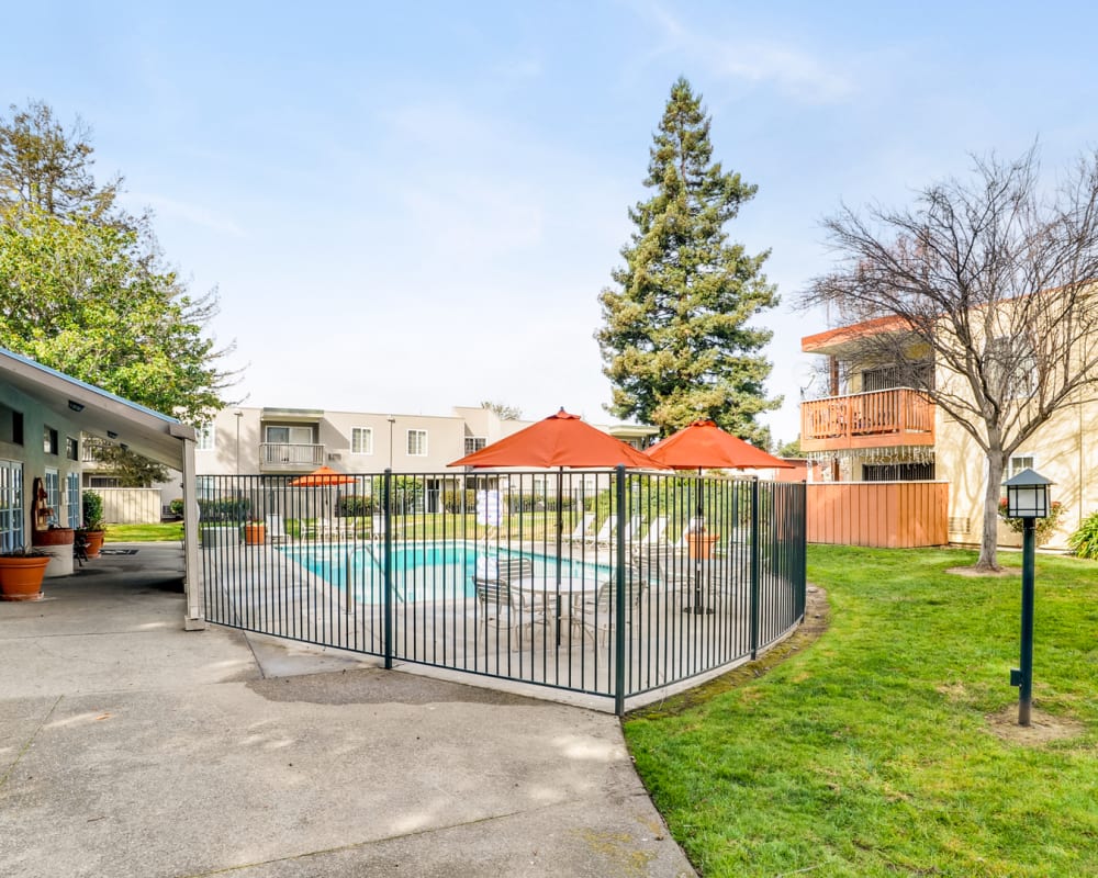 Gate to swimming pool at Sycamore Commons Apartments in Fremont, California