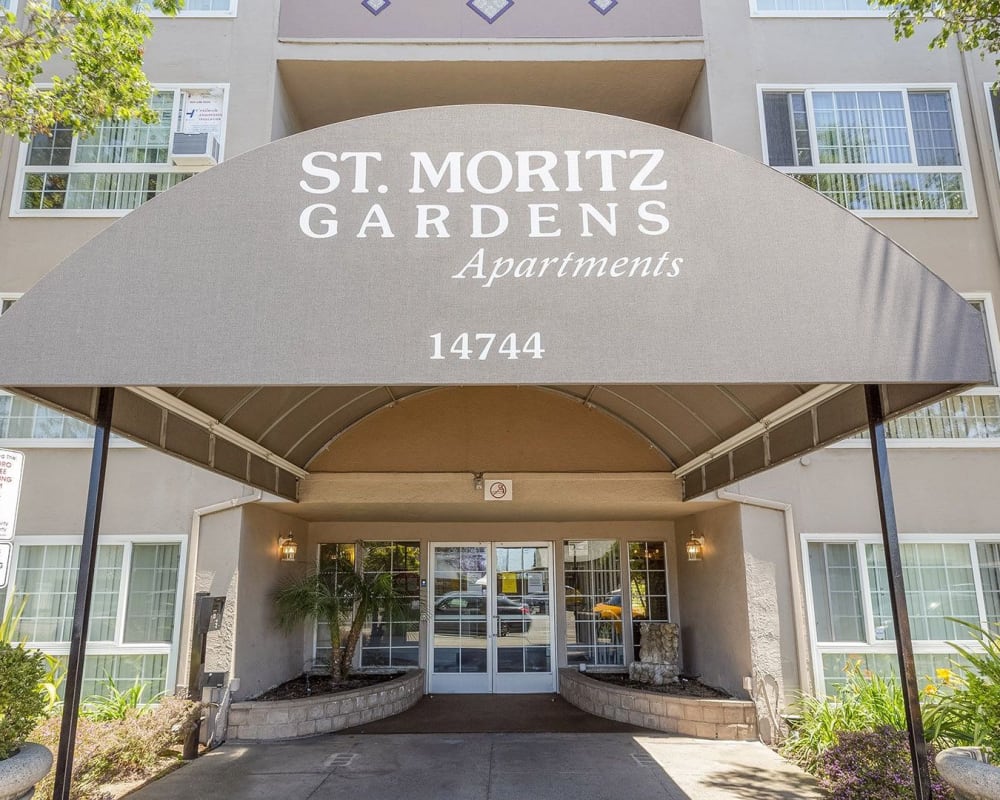 Entrance to the building at St. Moritz Garden Apartments in San Leandro, California