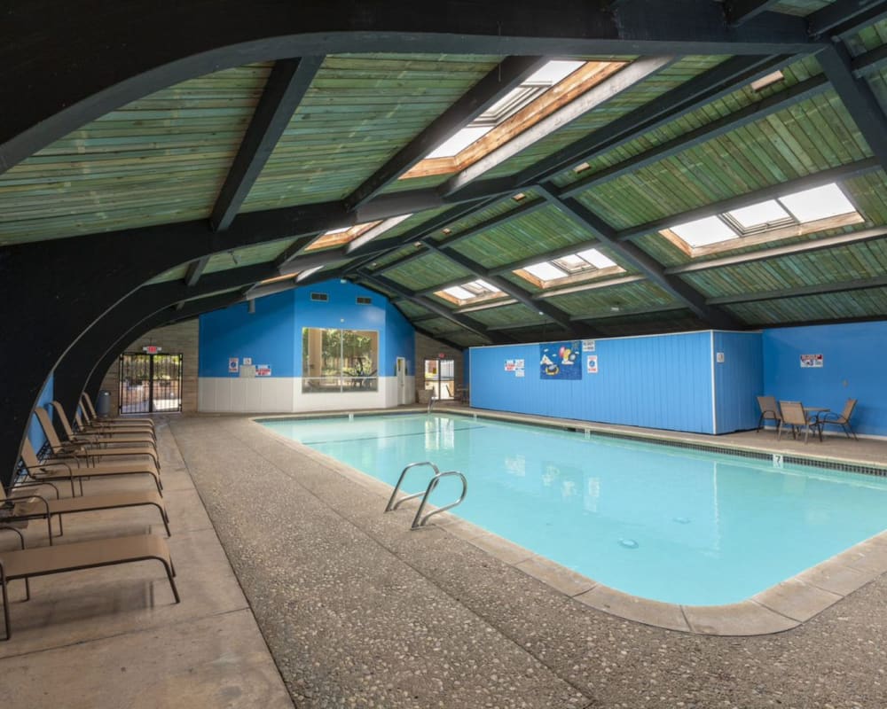 Indoor swimming pool at St. Moritz Garden Apartments in San Leandro, California