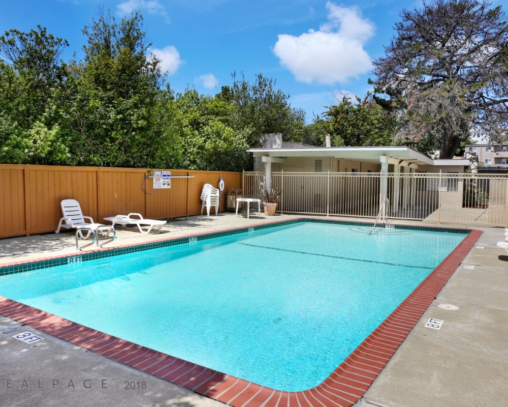 Pool and sun deck at Bancroft Towers in San Leandro, California