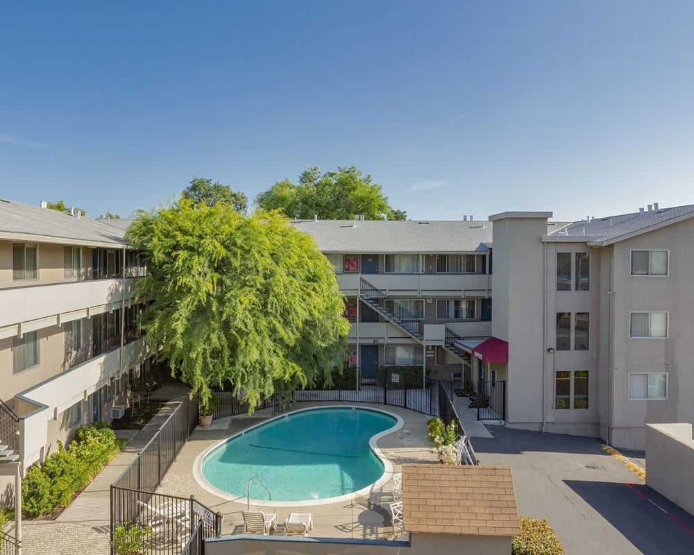 Pool in the middle of the apartments at North Main in Walnut Creek, California