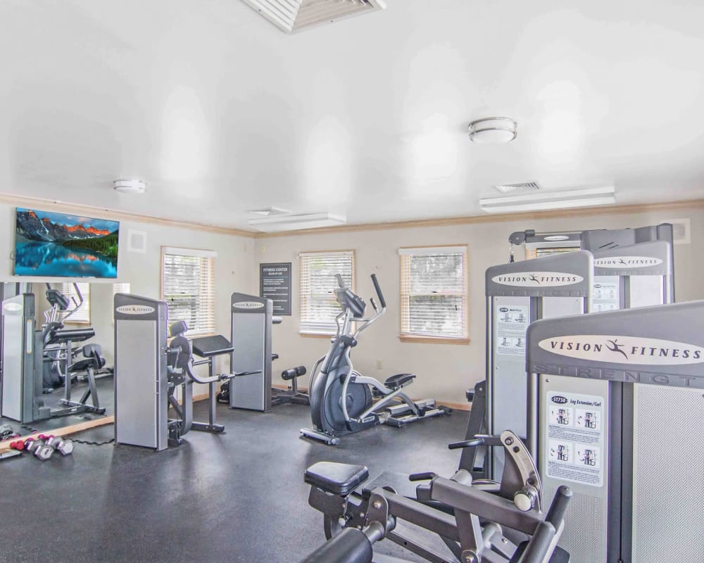 Fitness center with cardio equipment at Hidden Lakes Apartment Homes in Miamisburg, Ohio