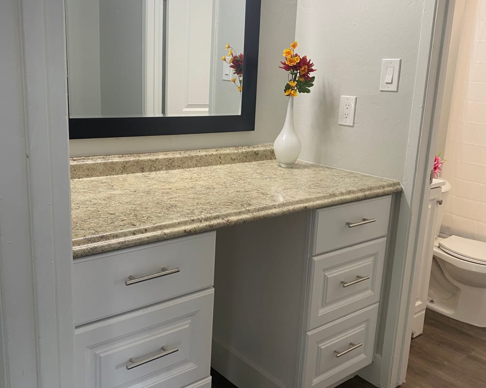 Vanity next to bathroom at Pennsylvania Apartments in Fremont, California