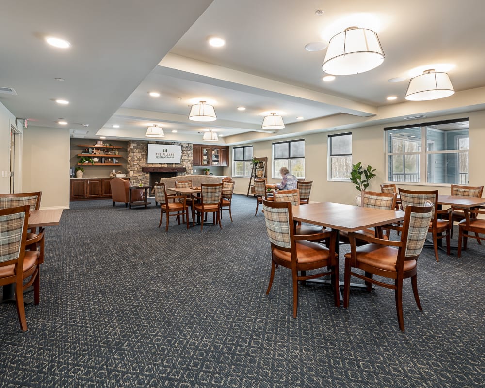 Resident dining area with lots of seating at The Pillars of Grand Rapids in Grand Rapids, Minnesota