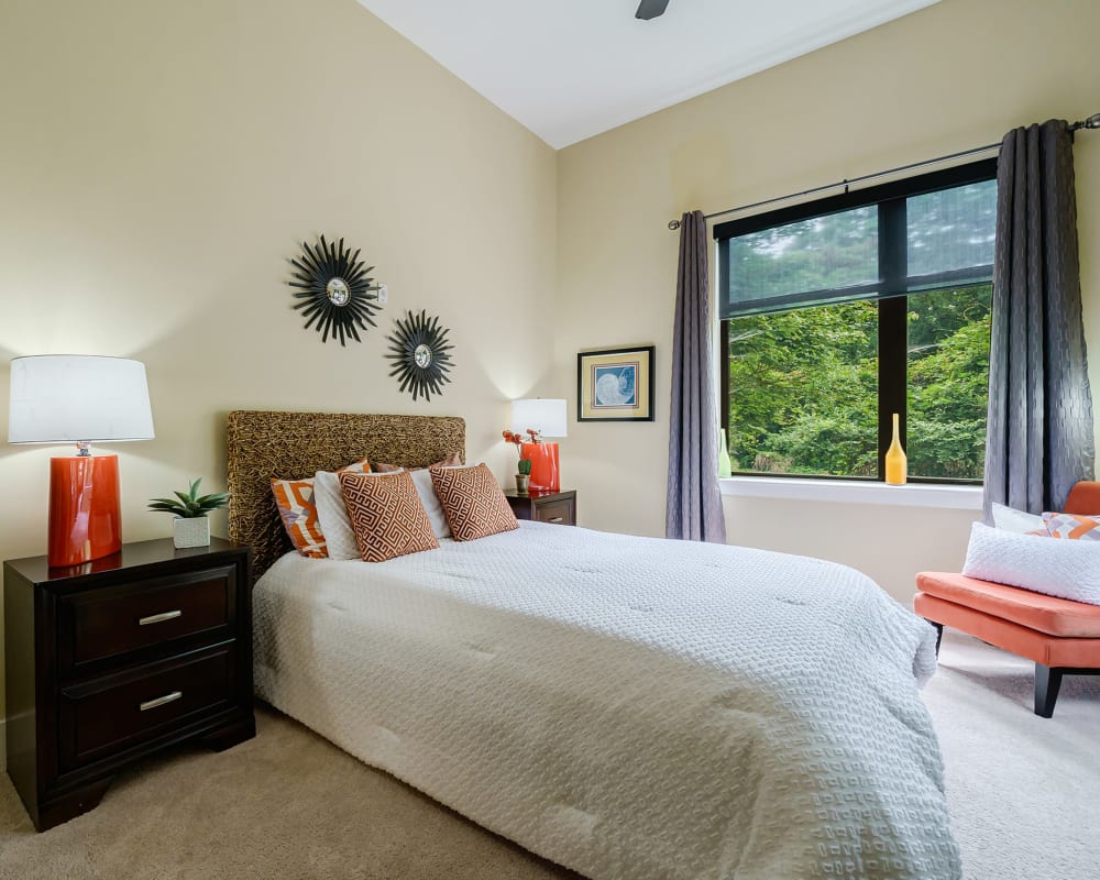 Spacious carpeted bedroom in a model home at ibex at Uptown in Atlanta, Georgia