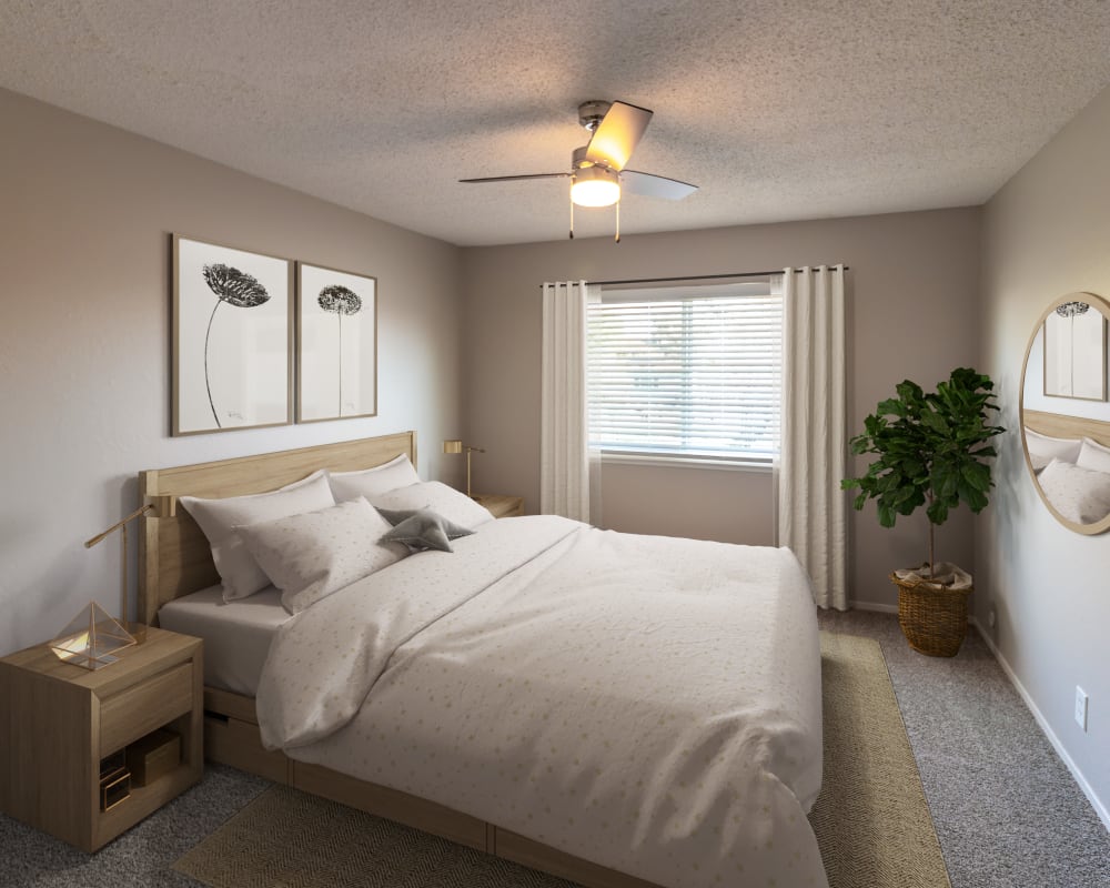 Bedroom with ceiling fan at Mode in Sacramento, California